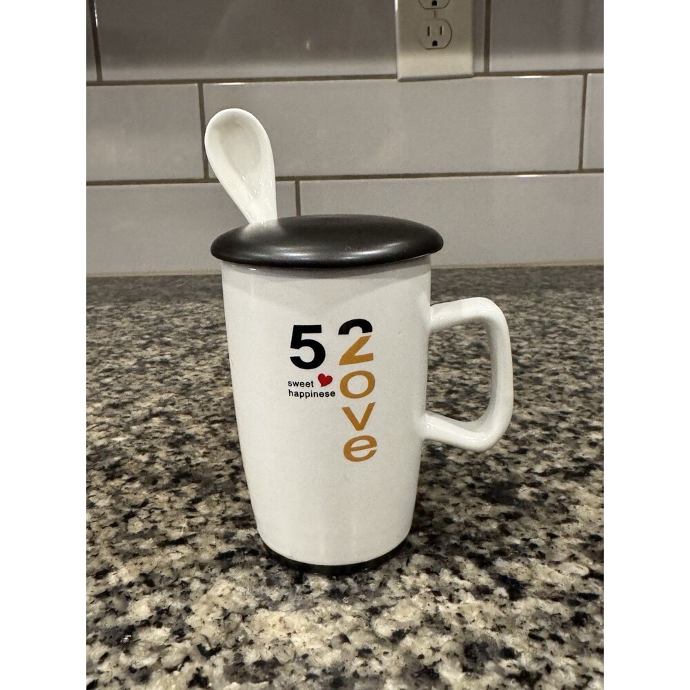 520 Matte White Mug w/ Lid & Spoon All Ceramic 13.5oz Milk Coffee Tea Latte